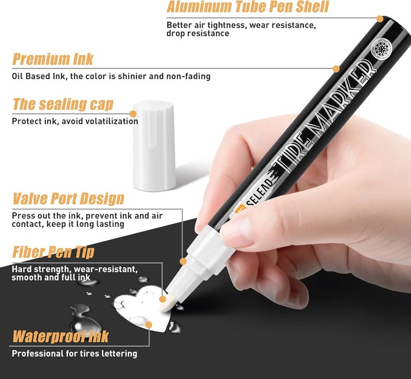SELEAD Tire Marker White - 8 Pack Paint Pens for Car Tires Lettering, Premium Professional Oil-based Ink, Waterproof Non-Fading Permanent Markers - Image 4